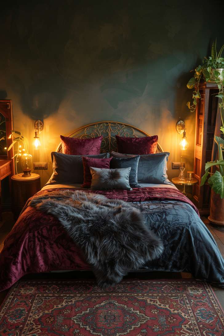 A luxurious dark bohemian bedroom with faux fur throw and brass scrollwork