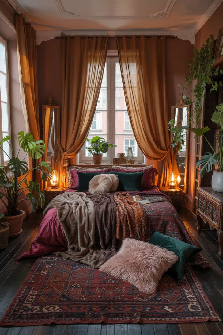 A luxurious bohemian bedroom with unmade bed and amber silk curtains