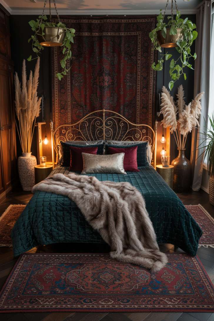 A dark bohemian bedroom