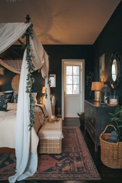 20 Unique Dark Boho Bedroom Ideas for a Bold Statement 25 A darlk boho bedroom