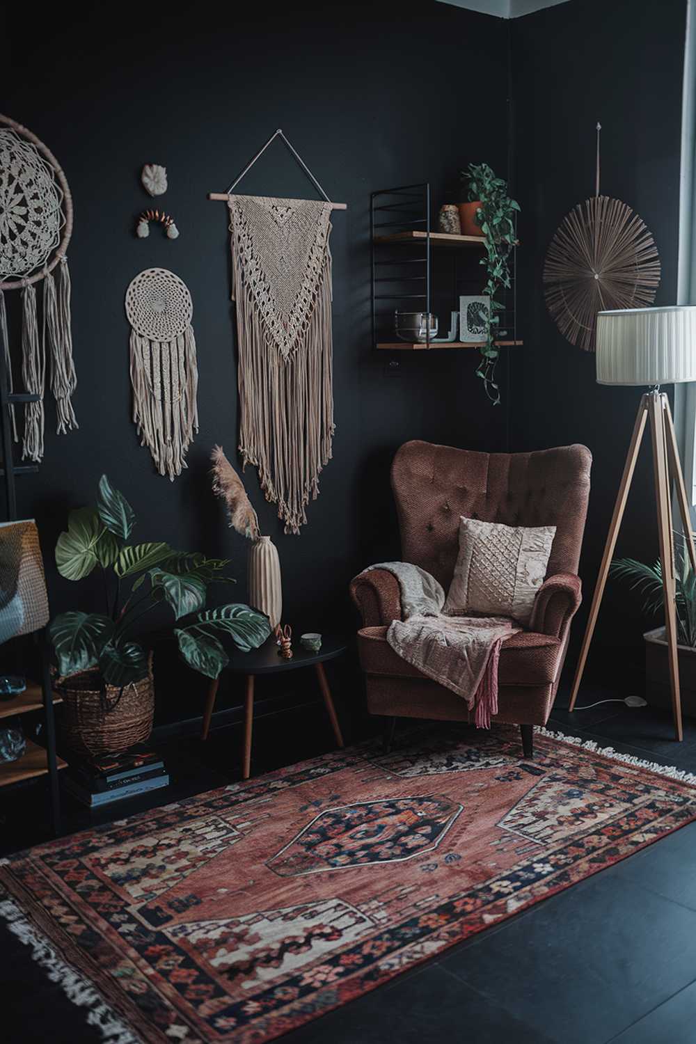 A dark boho living room decor with a few key elements. The room has a dark background with various bohemian-style elements. There's a vintage rug on the floor. A plush armchair is placed near a small table. A floor lamp stands in the corner. There's a floating shelf with a few items. The walls have a few hanging items, including a dreamcatcher, a plant, and a decorative item.