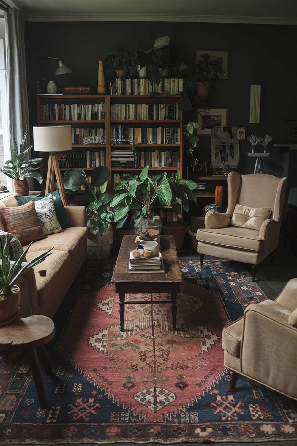 A cozy dark boho living room with a vintage rug, a beige armchair, a wooden coffee table, and a few potted plants. There is a bookshelf in the background filled with books. A beige sofa with cushions in various patterns is placed near the window. There is a lamp on the wooden coffee table and a wooden stool near the beige armchair. The walls are painted in a dark shade.