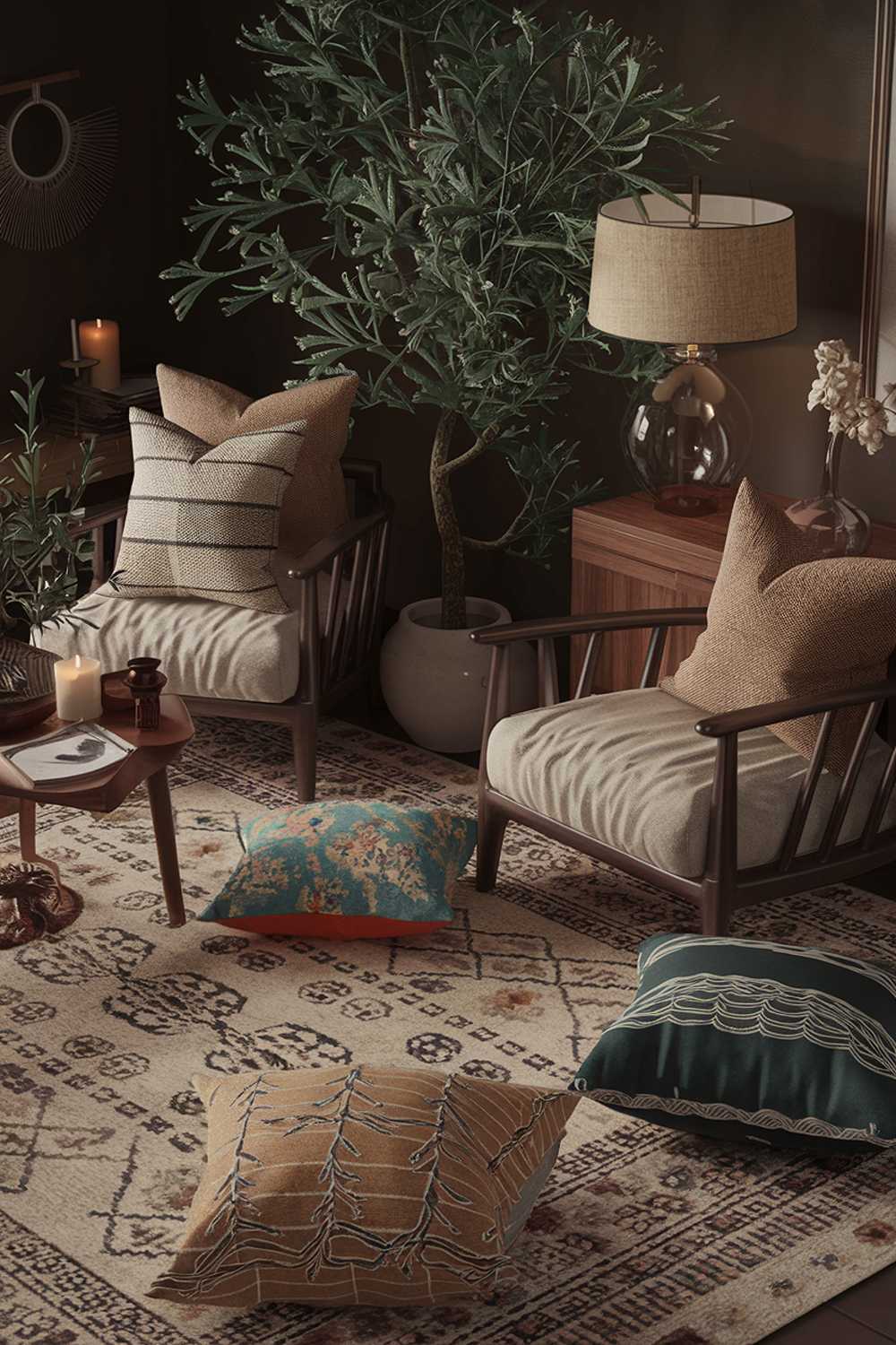  cozy dark boho living room with a high level of detail. The room has a beige rug with a pattern. There are multiple cushions with various patterns and colors, placed on the floor and on a beige chair. A wooden side table is placed near the beige chair. A plant with green leaves is placed on the floor. A lamp with a beige shade is placed on the wooden side table. The walls are painted in a dark color. There are various decorative items, such as a candle, a vase, and a small table, scattered throughout the room.