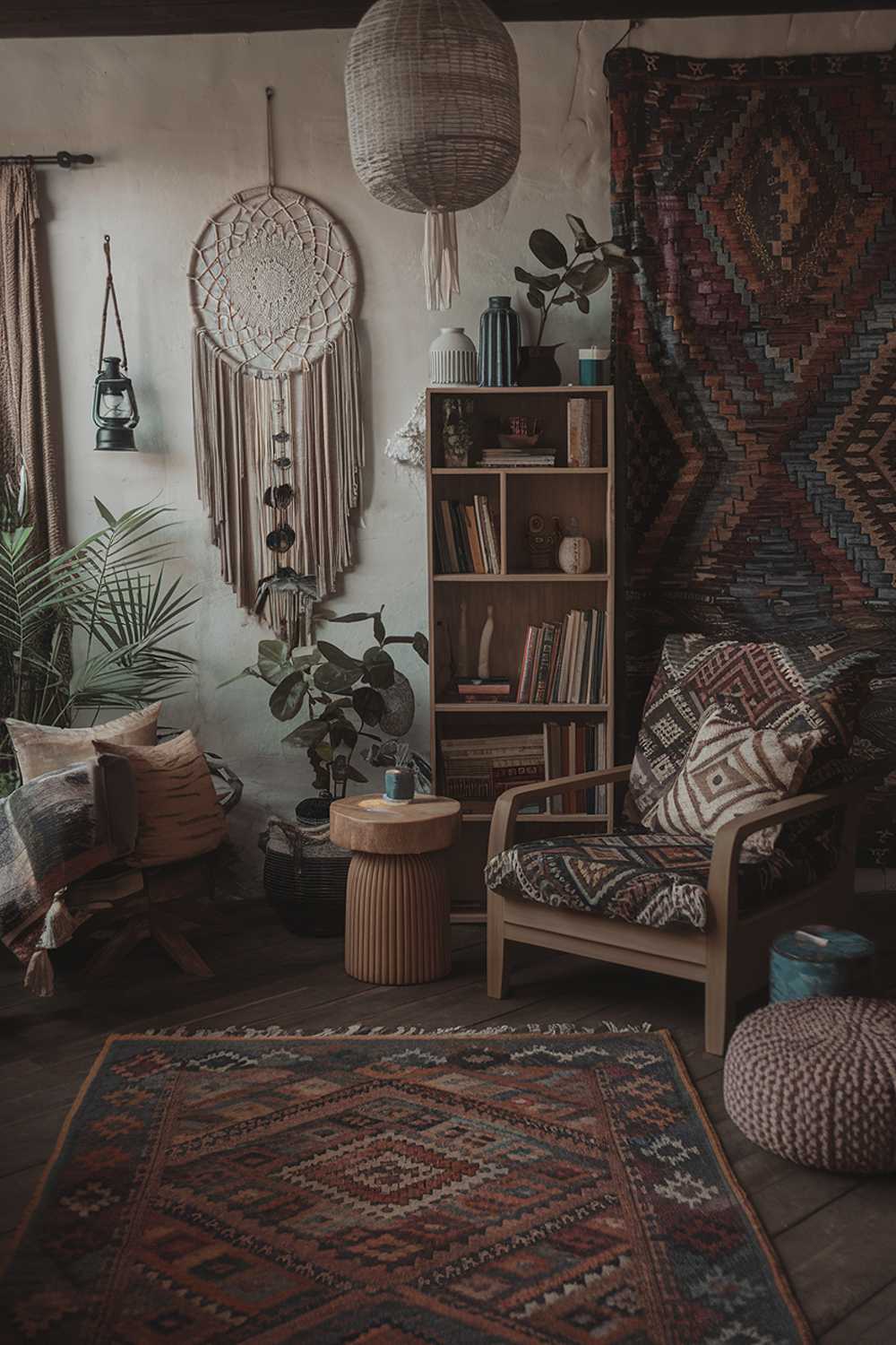 A cozy dark boho living room with a highly detailed decor. The room has a rustic wooden floor, a large patterned rug, and a few pieces of furniture. There's a large wooden chair with a patterned cushion, a small round table, and a bookshelf. The bookshelf is filled with books and has a few decorative items. There's a potted plant near the chair. The walls have a few hanging items, including a dreamcatcher and a lantern. The room has a few throw pillows and a blanket. The lighting is soft.