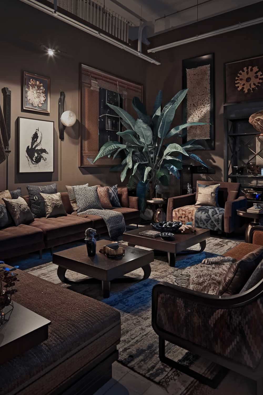 A highly detailed stylish dark boho living room. The room has a dark brown sofa with a mix of textures and patterns. There are several dark wooden coffee tables and a large plant. The walls are adorned with various artworks and lighting fixtures. There is a rug on the floor. The room has a dim lighting.