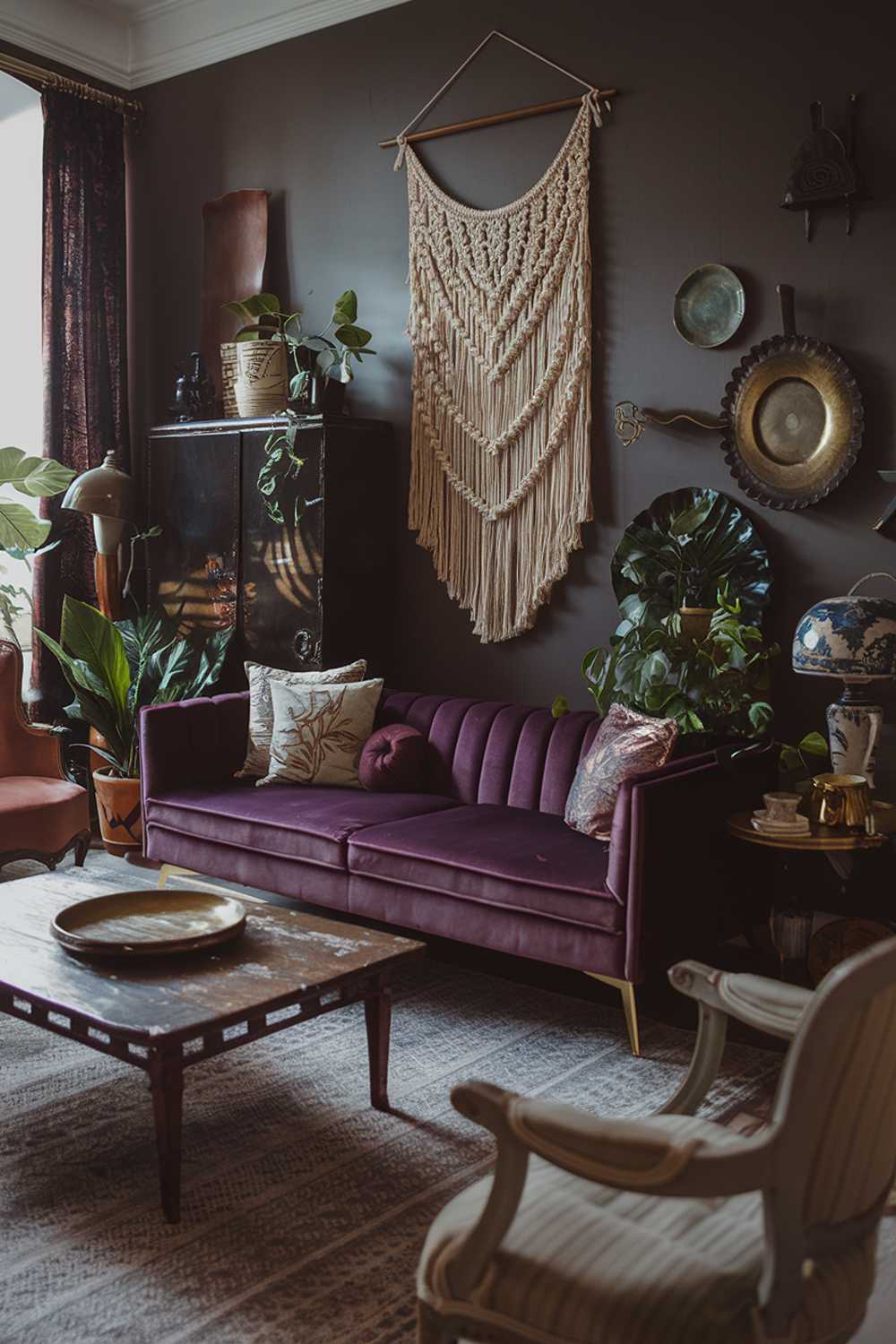 A stylish dark boho living room. There's a large velvet purple sofa with gold legs, a vintage wooden coffee table, and a few vintage chairs. There's a large macrame wall hanging, and a few potted plants. The room has a few decorative items, including a ceramic lamp, a brass tray, and a few decorative pillows on the sofa. The walls, furniture, and decorative items have a dark color palette. The room has a warm, cozy ambiance.