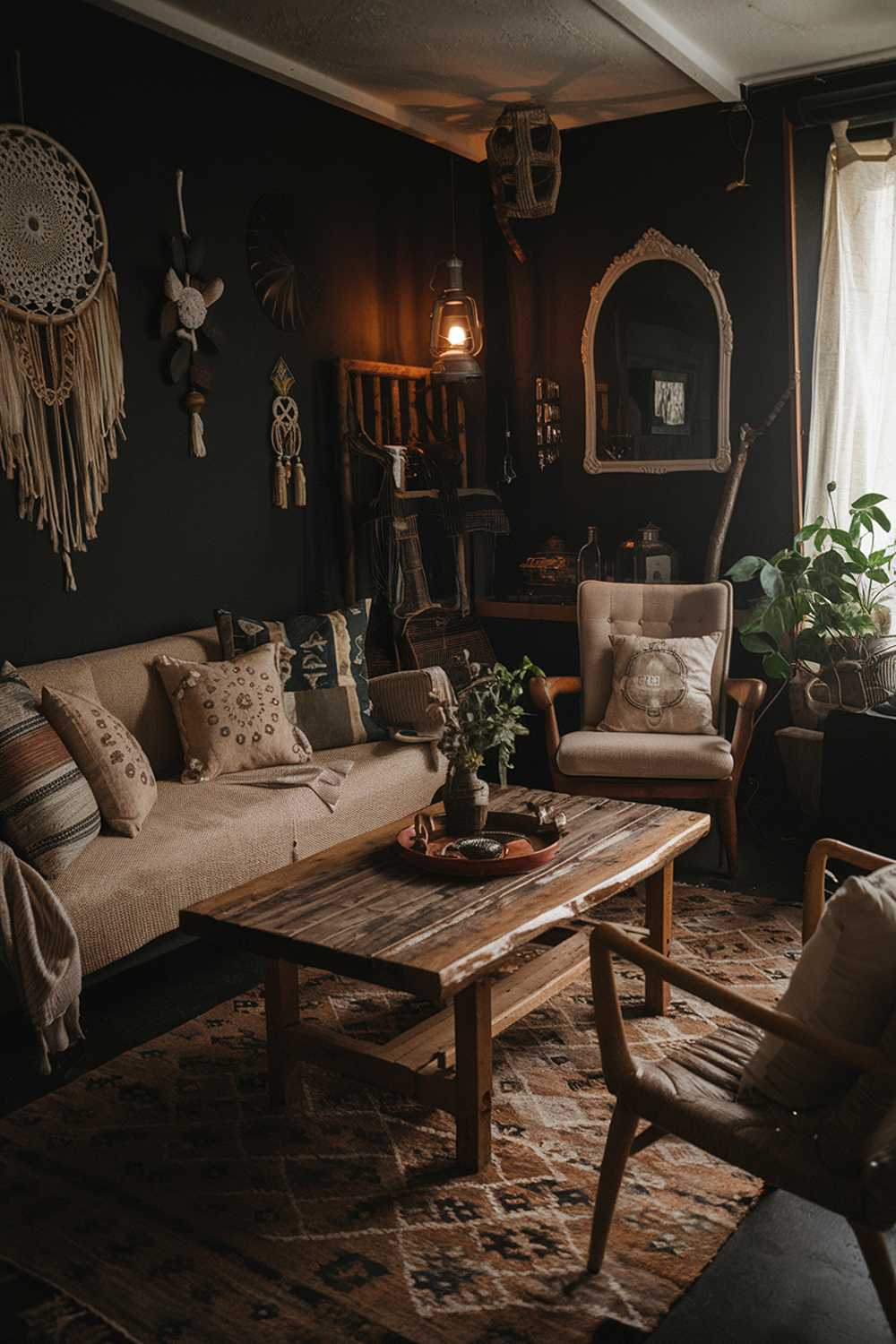 A cozy dark boho living room with a rustic wooden coffee table. There's a beige sofa with decorative pillows and a wooden chair. The walls are adorned with various decorative items, including a dreamcatcher, a lantern, and a vintage mirror. The floor is covered with a patterned rug. There's a potted plant near the window. The room has a warm ambiance.