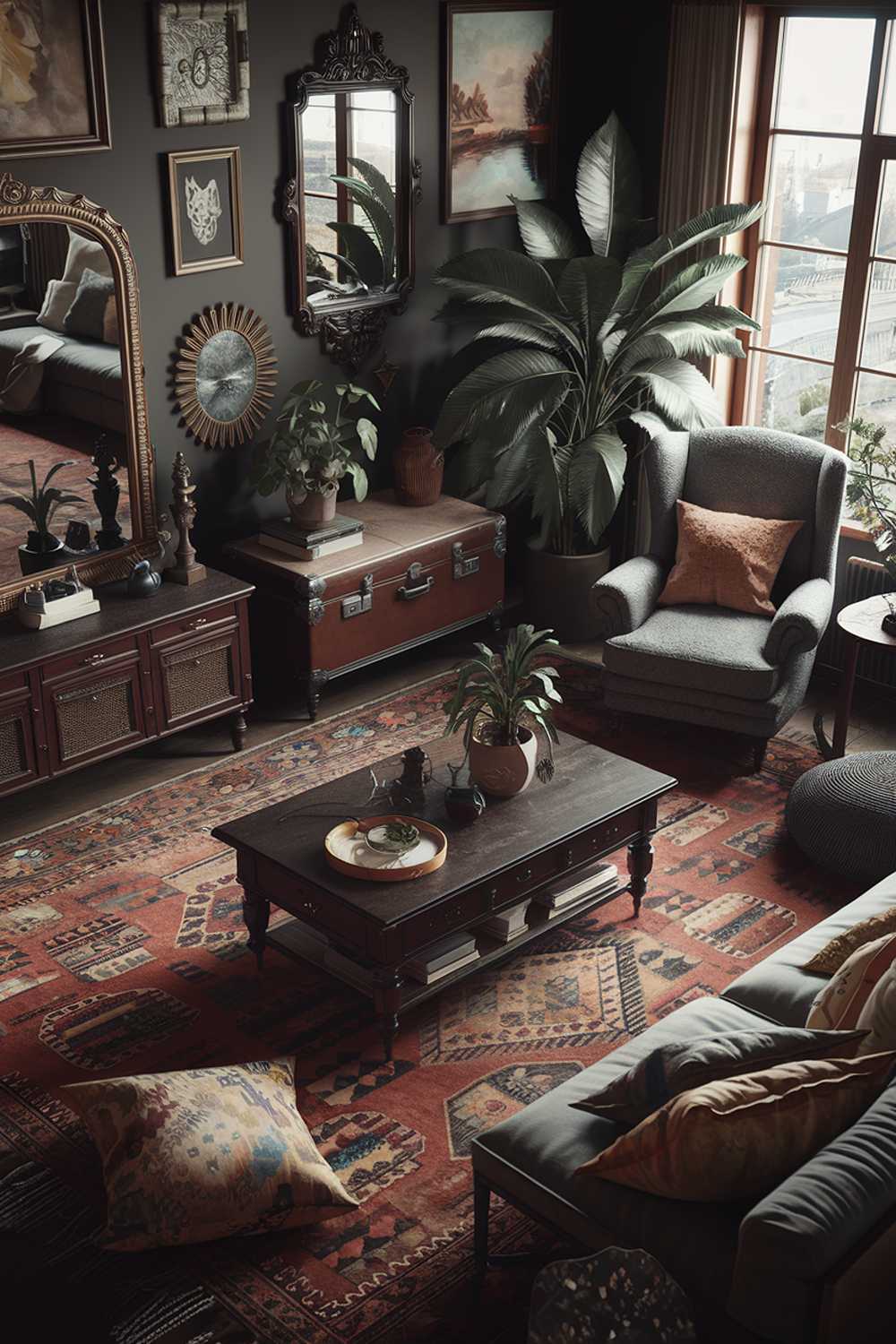 A highly detailed cozy dark boho living room with a patterned rug, a few cushions, a wooden coffee table, and a few potted plants. There's a large, comfortable armchair near the window. The walls are adorned with a variety of decor items, including a large mirror, a vintage suitcase, and a few paintings. The room has a dark color scheme, with the walls and furniture having a rich, dark hue.