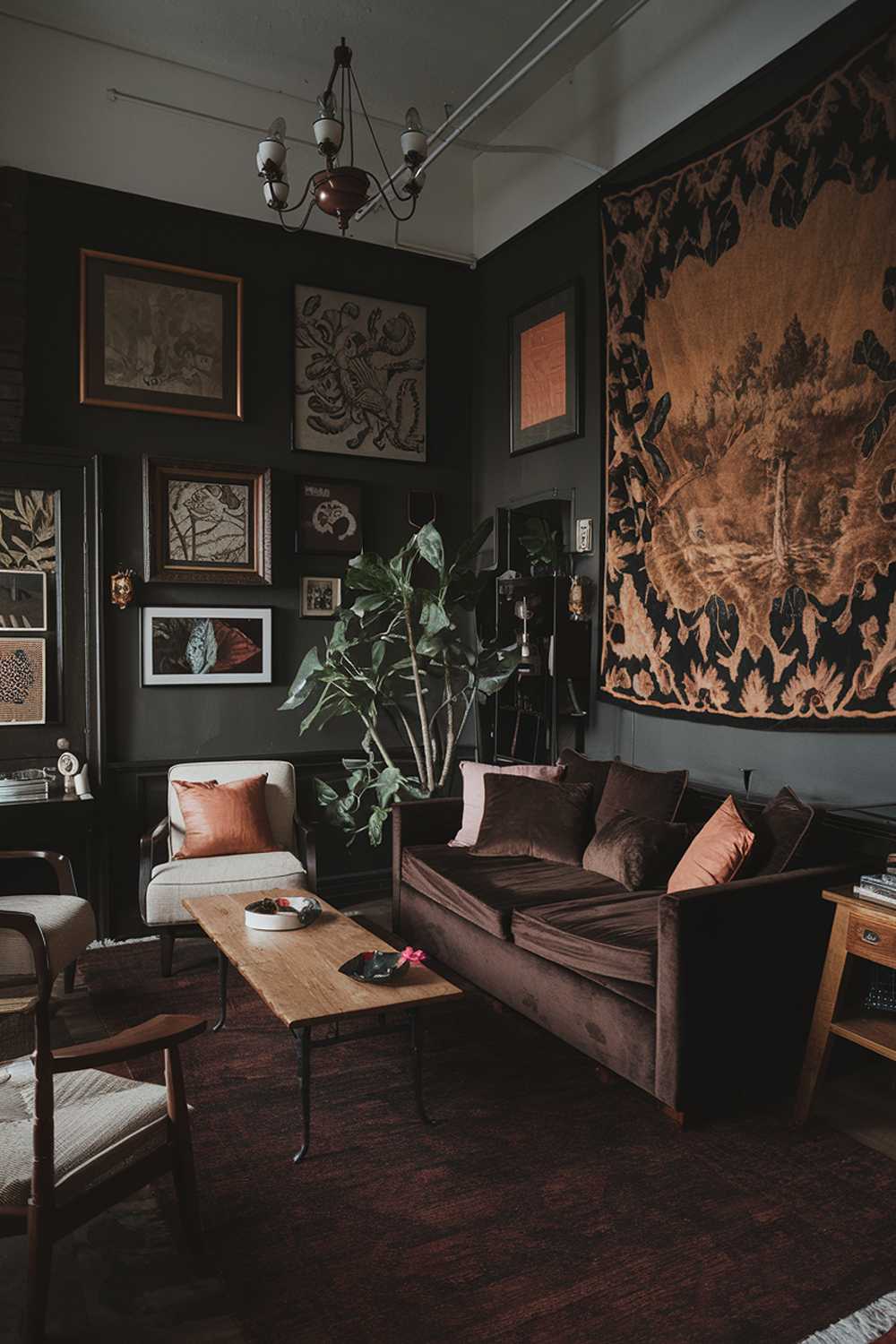 A cozy dark boho living room with a vintage feel. The room has a dark brown sofa with multiple cushions, a wooden coffee table, and a beige chair. There is a potted plant next to the sofa. The walls are adorned with a variety of framed art pieces, including a large tapestry. The floor is covered with a dark red rug. The room has a chandelier hanging from the ceiling and a small table near the door.