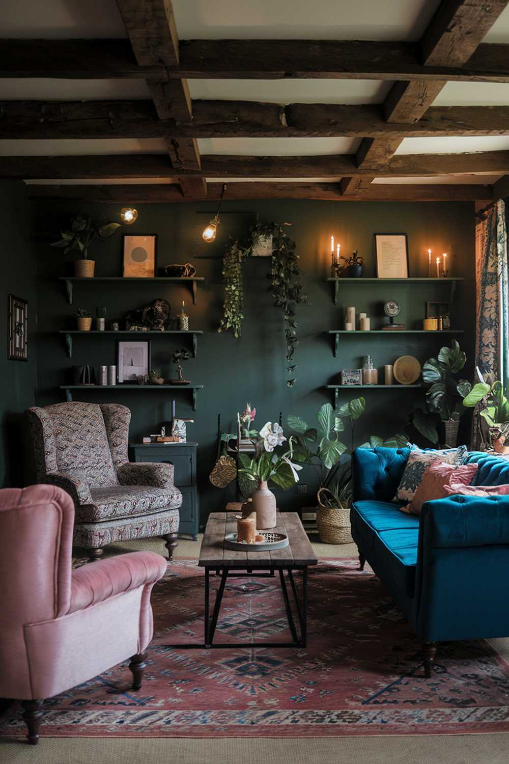 A dark boho living room with a high level of detail. The room has a rustic wooden beam ceiling, dark green walls, and a patterned rug on the floor. There's a plush pink armchair, a blue velvet sofa, and a wooden coffee table in the middle of the room. The green wall has multiple shelves with various items, including plants, candles, and decorative objects. A patterned armchair is placed near the green wall. The room has a warm ambiance, with soft lighting.