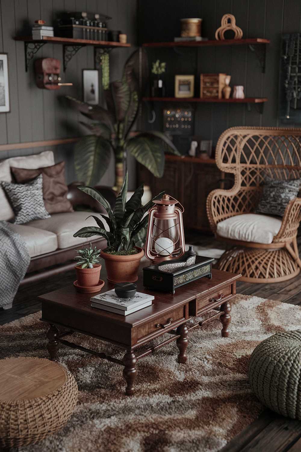 A dark boho living room with a high level of detail. The room has a rustic wooden beam ceiling, dark green walls, and a patterned rug on the floor. There's a plush pink armchair, a blue velvet sofa, and a wooden coffee table in the middle of the room. The green wall has multiple shelves with various items, including plants, candles, and decorative objects. A patterned armchair is placed near the green wall. The room has a warm ambiance, with soft lighting.