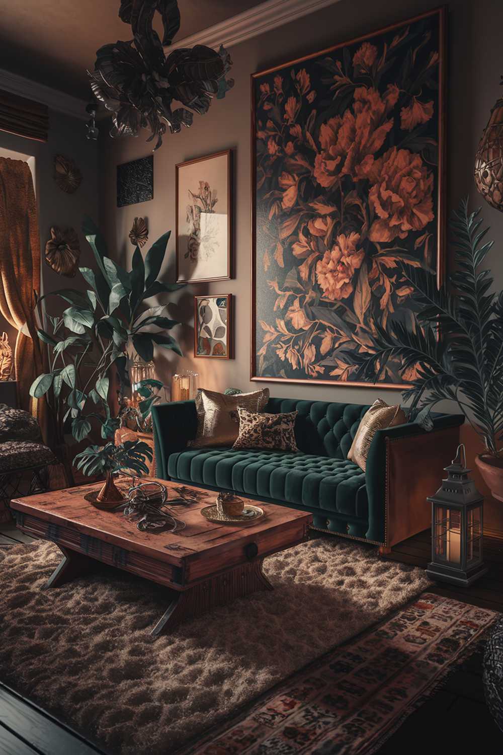 A highly detailed stylish dark boho living room with a rustic wooden coffee table and a plush rug in the middle of the room. There is a dark green velvet couch with decorative pillows and a patterned rug beside the couch. The walls are adorned with various art pieces, including a large painting with a floral pattern. There are also some potted plants and a lantern. The room has a warm ambiance with soft lighting.