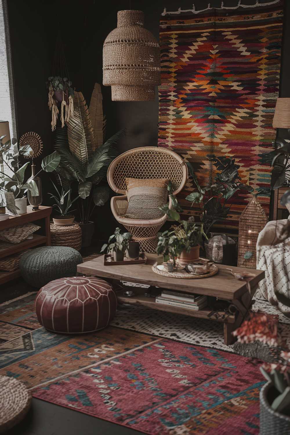 A dark boho living room decor. The room has a dark background with various textures, including a patterned rug, a woven chair, a leather ottoman, and a wooden coffee table. There are also plants, decorative items, and a lamp. The room has a warm and cozy atmosphere.