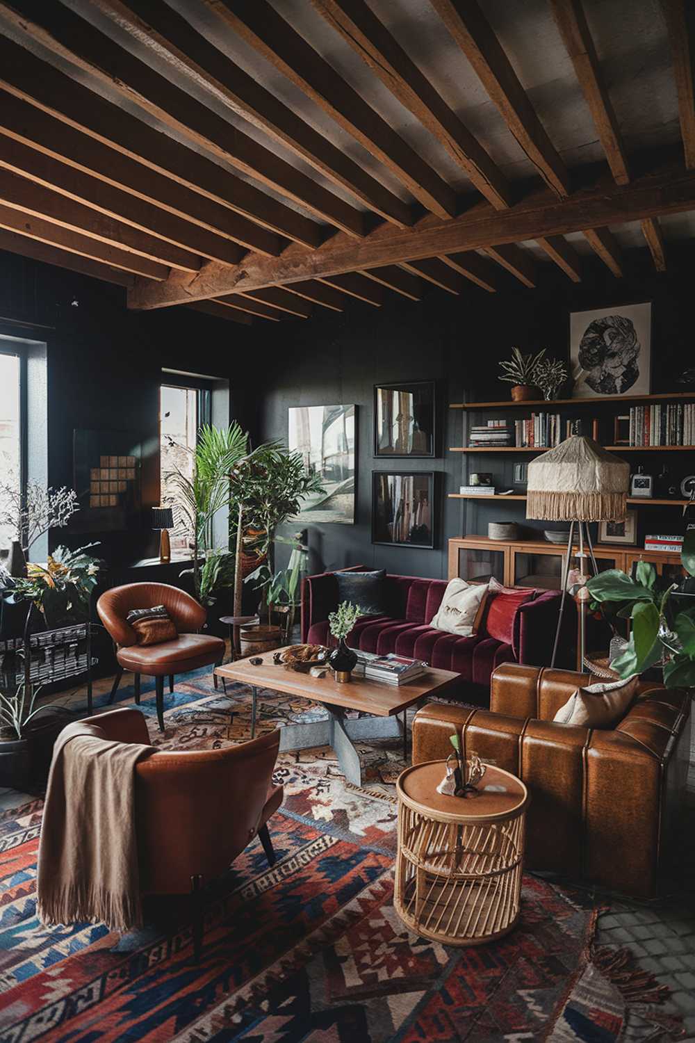 A dark boho living room decor with a high level of detail. The room has a rustic wooden beam ceiling, dark walls, and a patterned rug on the floor. There are various furniture pieces, including a velvet sofa, a leather chair, a wooden coffee table, and a rattan side table. The room also features a bookshelf filled with books and decorative items, a floor lamp with a fringed shade, and a few potted plants. The room has a few pieces of art on the walls, and there are cushions and throws scattered around the furniture.