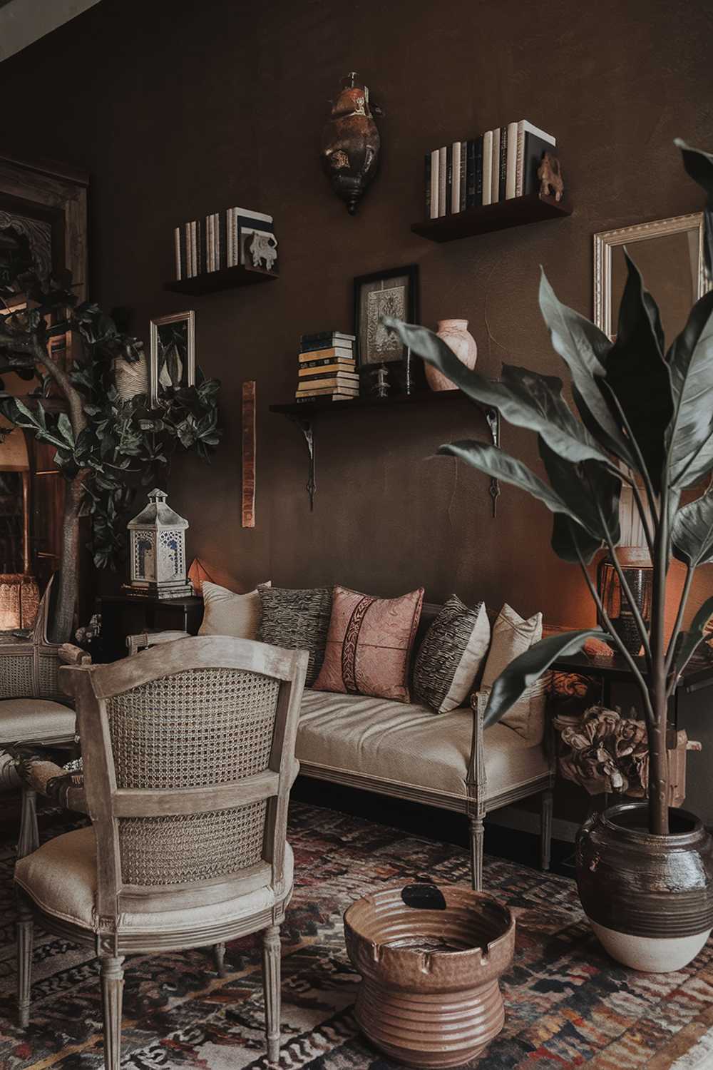 A dark boho living room decor. The room has a dark brown wall with a few shelves holding books and decorative items. There's a beige sofa with pillows in various patterns. A few chairs with intricate backrests are placed around the room. A plant with dark green leaves is in a ceramic pot. The floor is covered with a patterned rug. A few decorative items, such as a lantern and a wooden object, are scattered around the room. The lighting is warm and soft.