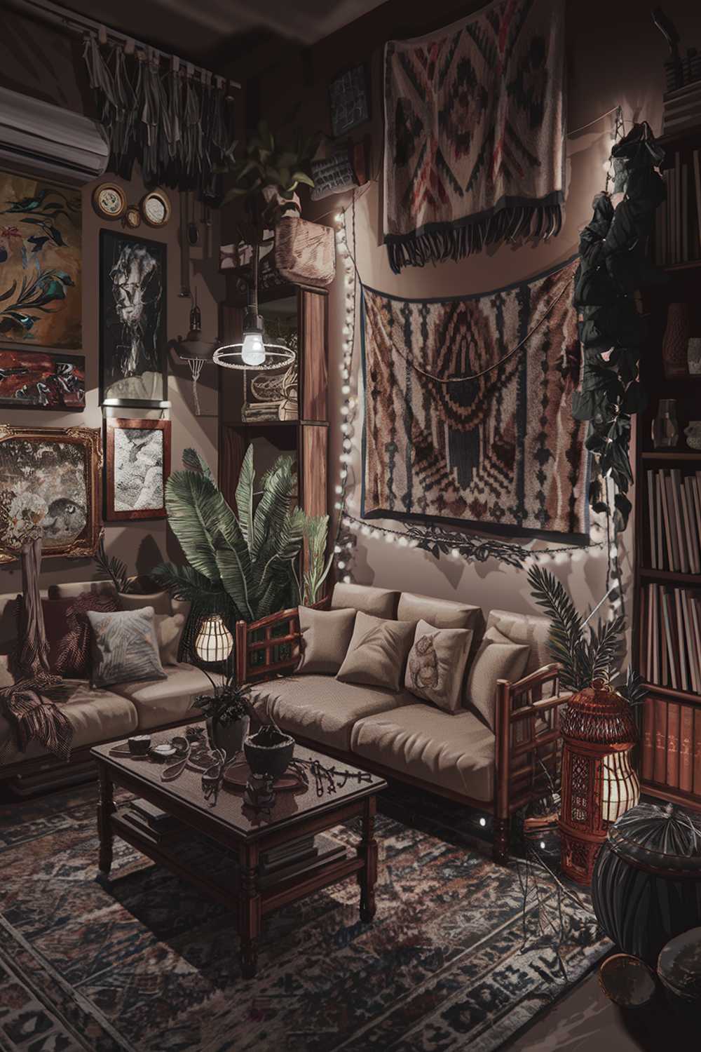 A cozy dark bohemian living room decor with lights. There's a beige sofa with multiple cushions, a wooden coffee table, and a few plants. There's a patterned rug on the floor. The walls are adorned with a variety of artwork, including paintings, a framed tapestry, and a string of beads. The room has a few bookshelves filled with books. There are also a few decorative items, such as a lantern, a vase, and a candleholder. The room has multiple sources of light, including a lamp, a pendant light, and a string of fairy lights wrapped around a wooden frame.