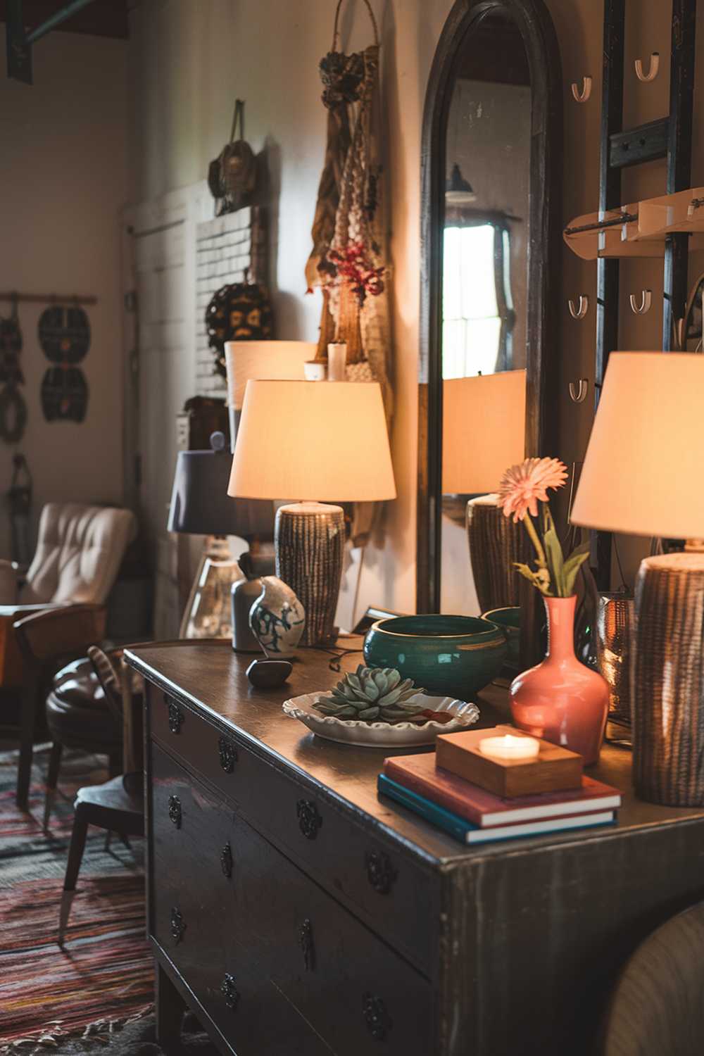 A dark bohemian living room with a variety of decor items. There's a large vintage dresser with multiple lamps. On the dresser, there's a white dish with a succulent, a green bowl, a pink vase with a flower, a wooden box, and a candle. There are also a few books. The room has a rug, a few chairs, and a wall decor with a mirror and hooks. The walls have a few hanging items. The room has a warm lighting.