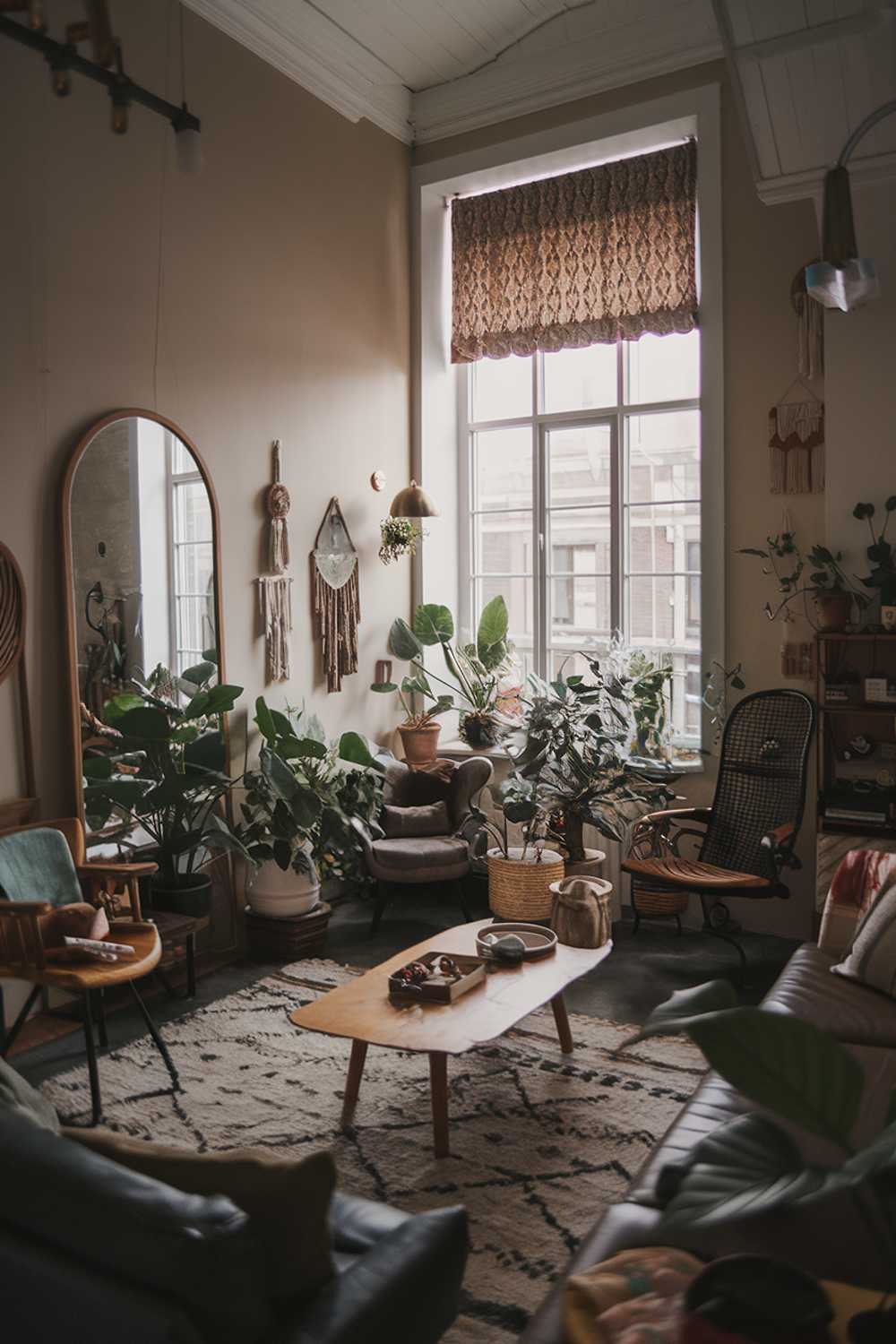 A dark boho living room with a high ceiling. The room has a large window with a patterned curtain. There are multiple plants, a wooden chair, a beige rug, and a wooden coffee table. There are several items on the wall, including a large mirror, a lamp, and a few hanging items. The room has a few pieces of furniture, including a sofa and a bookshelf. The overall room has a warm and inviting atmosphere.