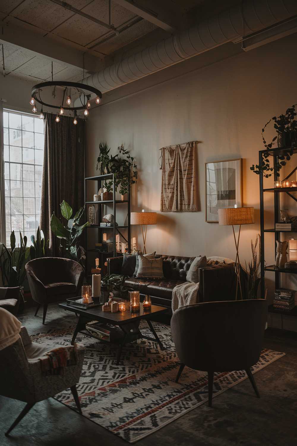 A dark boho living room with a high ceiling. The room is furnished with a dark brown sofa, a few chairs, a coffee table, and a shelf. There are various decorative items, including plants, candles, and textiles. The walls are decorated with artwork. The room has a patterned rug and a few throws. There are lamps and a chandelier, casting warm lighting.