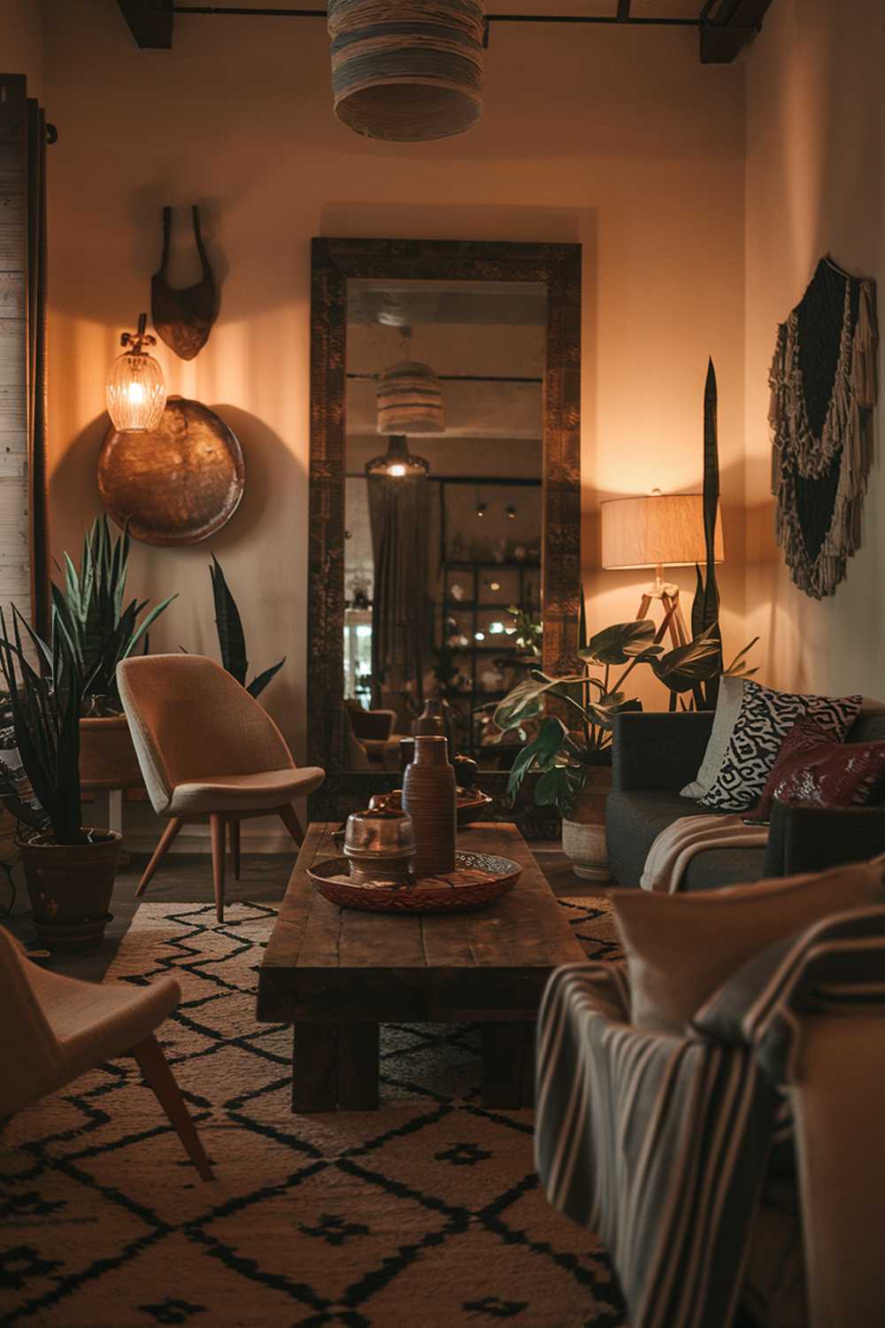 A dark boho living room with warm ambient lighting. The room has a rustic wooden coffee table and a patterned rug. There are several items on the walls, including a large mirror, a vintage lamp, and a few decorative items. There are a few chairs and a sofa in the room. The room has a few potted plants. The overall ambiance of the room is warm and inviting.