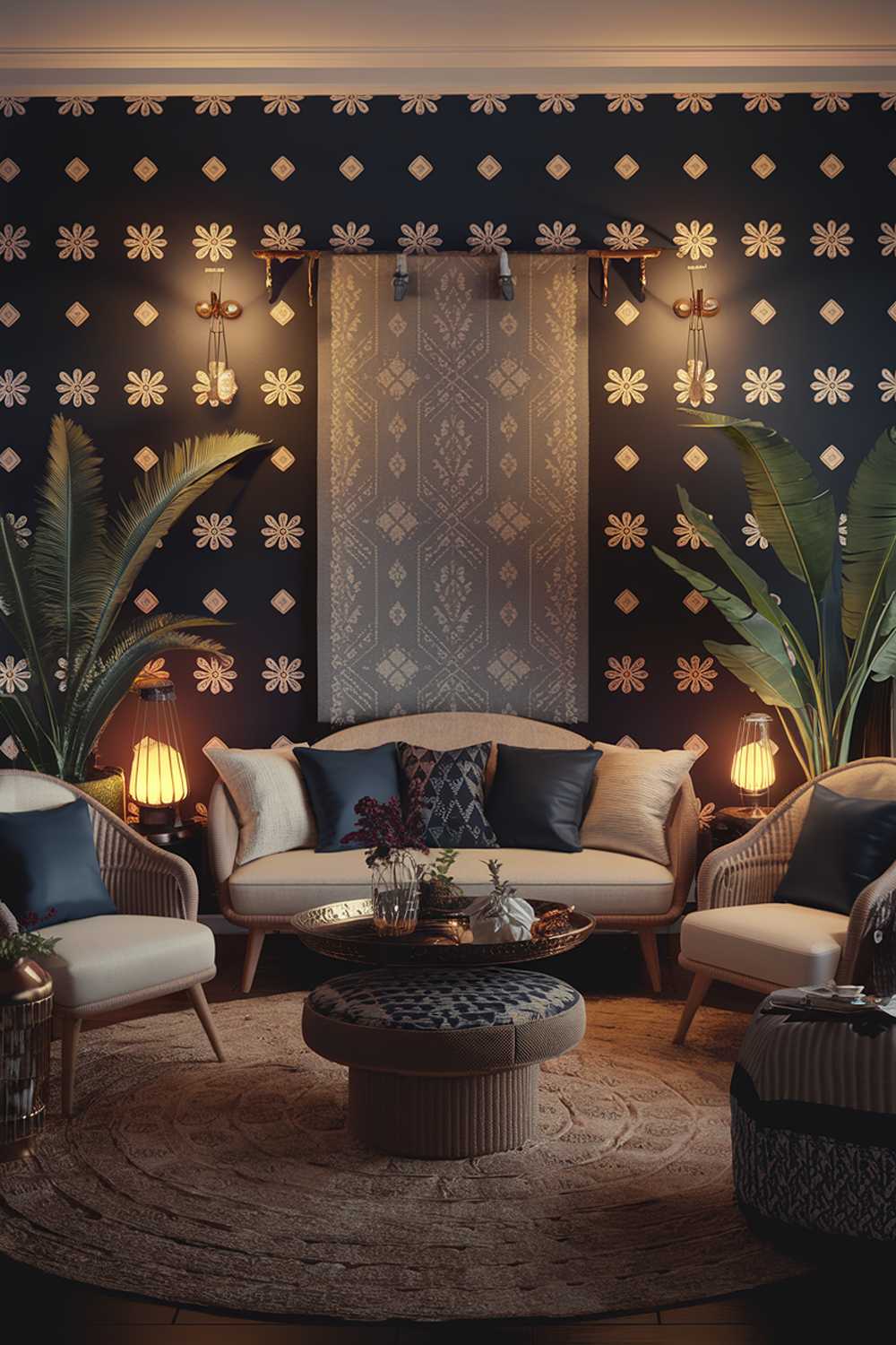 A dark boho style living room with warm ambience lights. The room has a dark blue wall with white and beige patterns. There is a beige sofa with dark blue and beige pillows, a white chair with a dark blue pillow, and a beige rug. There are also a few plants and a lantern. The room has warm lighting.