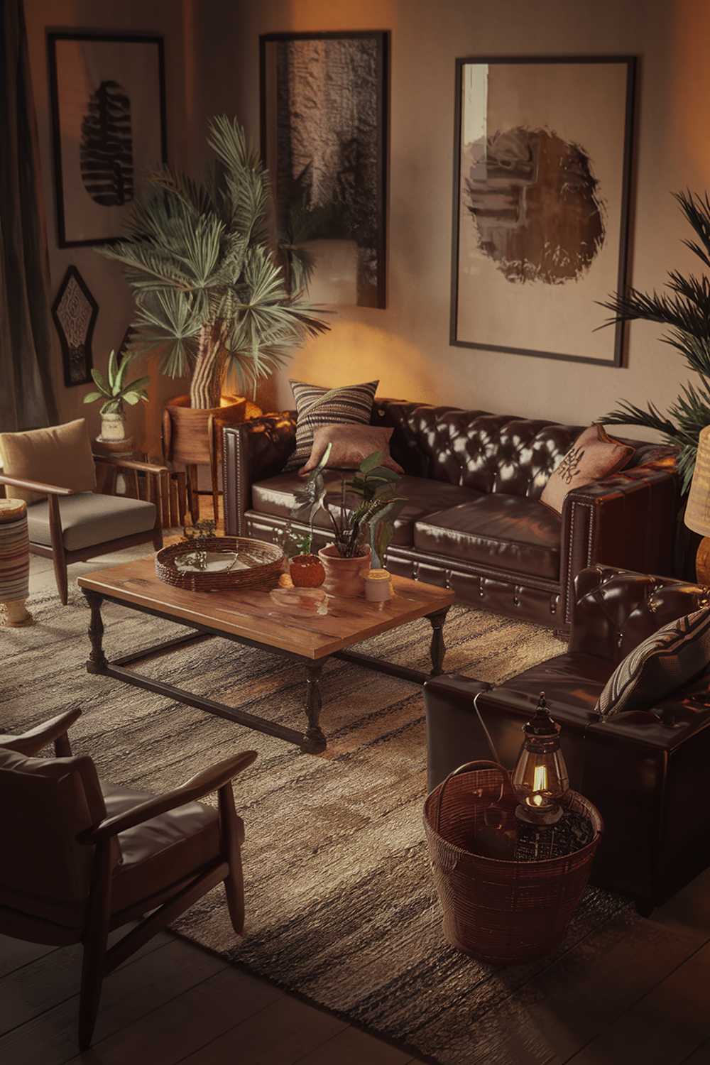 A dark boho style living room with warm ambience lights. The room has a dark brown leather sofa, a beige rug, a wooden coffee table, and a few potted plants. There are also some decorative items, such as a lantern and a wooden basket. The walls are adorned with some artwork. The room has a few chairs and a lamp. The overall ambiance is warm and inviting.