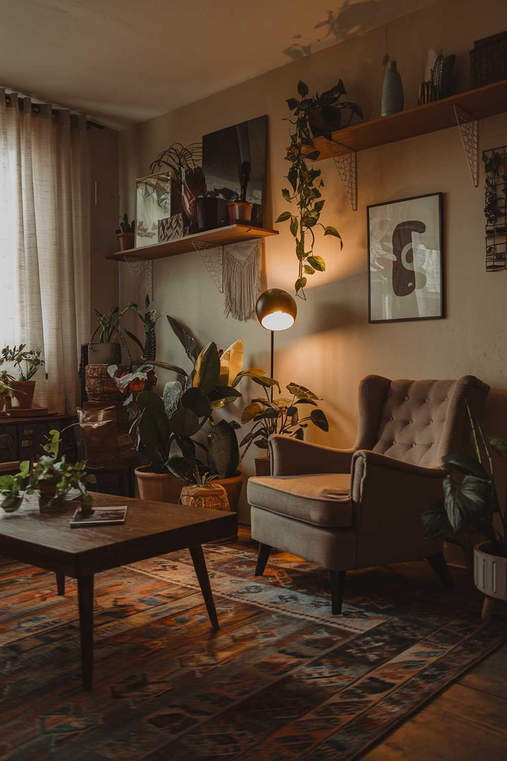 A cozy dark boho style living room with warm ambient lighting. The room features a vintage rug, a plush armchair, and a wooden coffee table. There are plants and decor items scattered around the room. The walls are adorned with artwork and shelves.