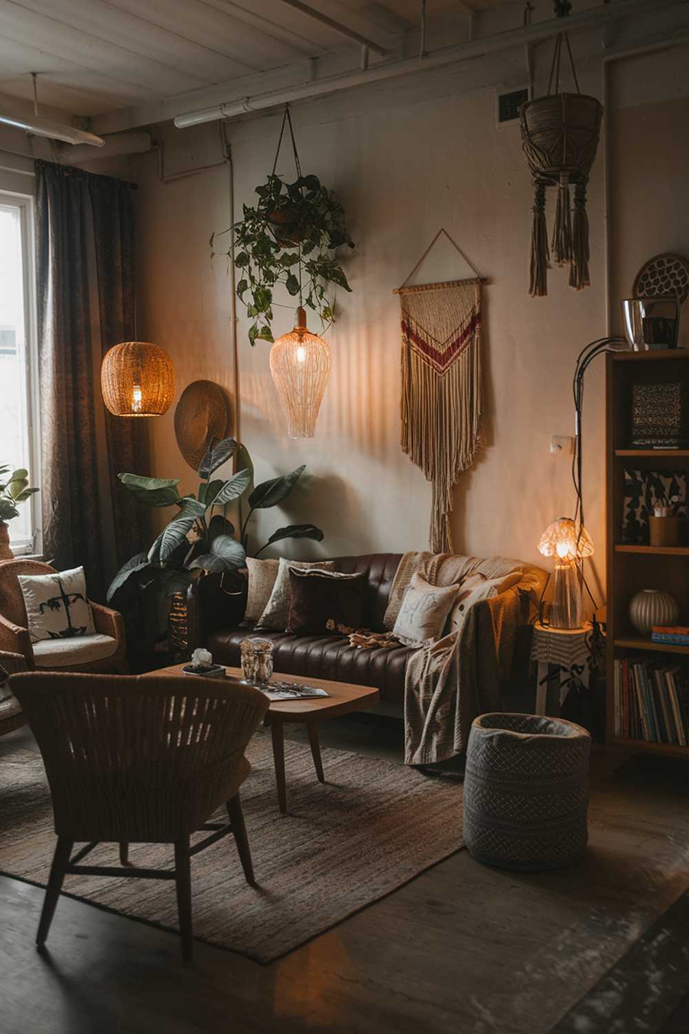 A dark boho-style living room with a warm ambiance. The room has a cozy atmosphere, with a mix of textures and fabrics. There are several pieces of furniture, including a sofa, chairs, a coffee table, and a bookshelf. The walls are adorned with hanging plants, a lamp, and a decorative item. The floor is covered with a rug. There are also some personal items, such as a plant, a lamp, and a decorative item, scattered throughout the room.