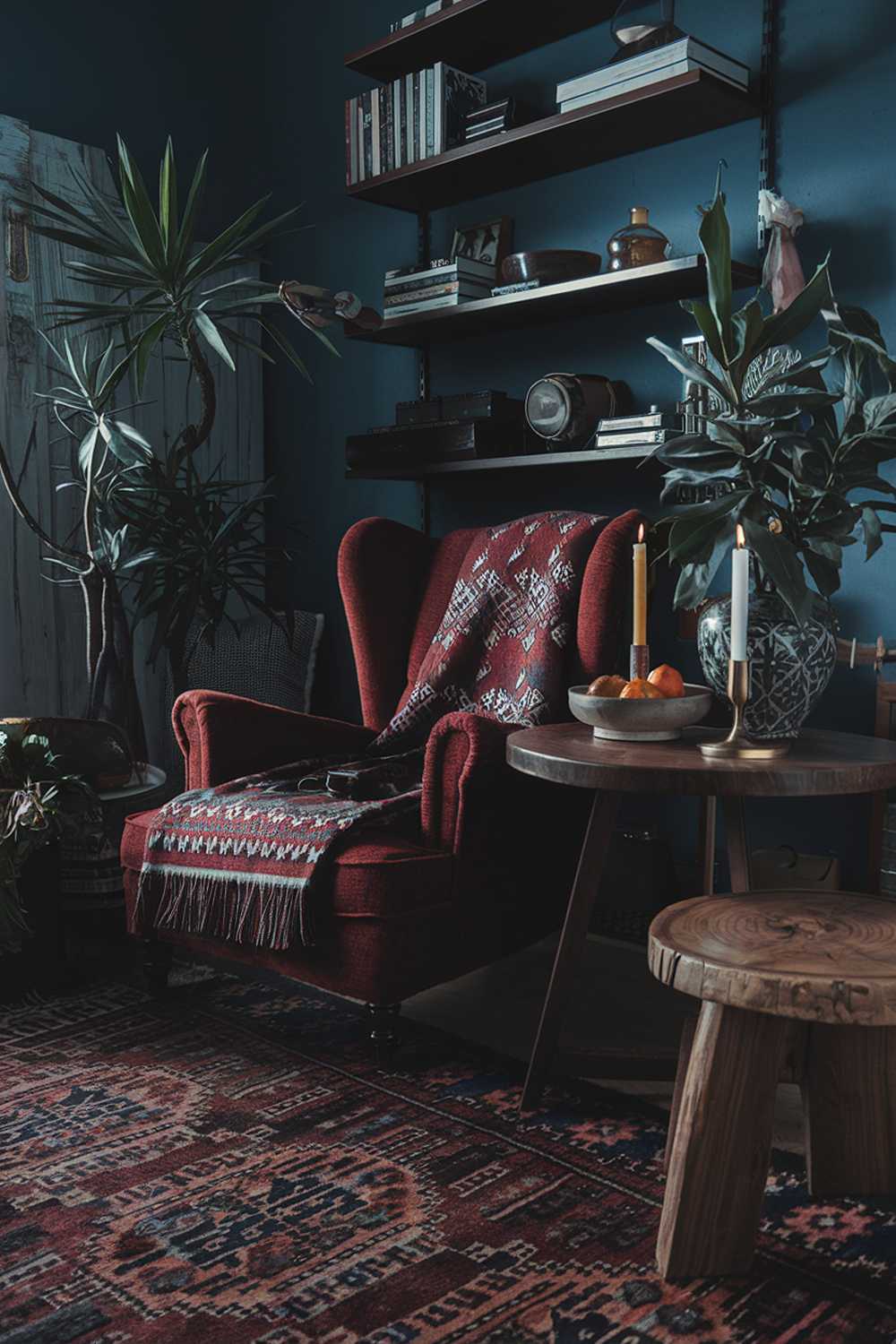 A cozy dark boho style living room with a high level of detail. There is a plush red armchair with a patterned blanket and a wooden side table. On the side table, there is a candle, a bowl of oranges, and a plant. Near the armchair, there is a wooden stool. In the background, there is a bookshelf filled with books and decorative items. The floor is covered with a patterned rug. The walls are painted a deep blue color.