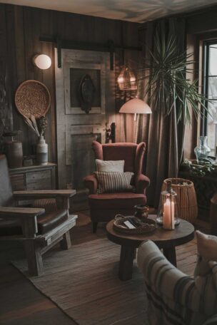 A dark boho living room