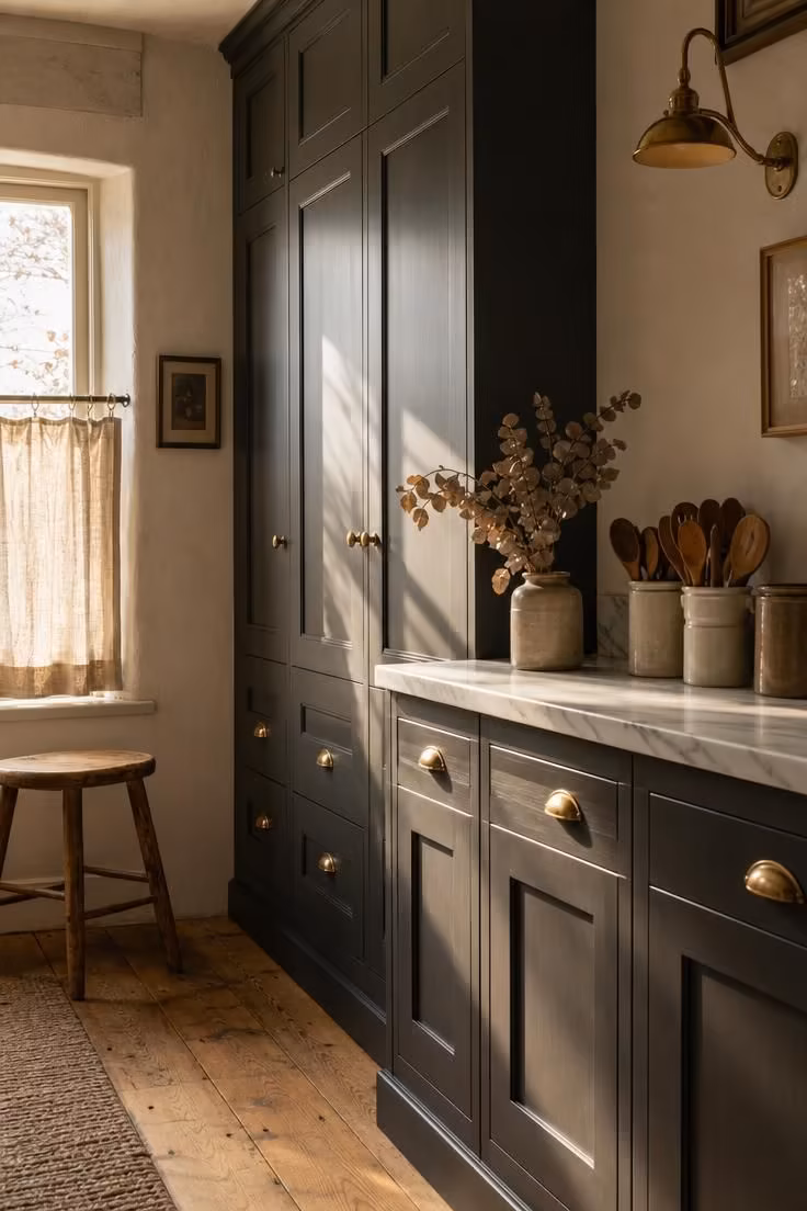 Charcoal shaker cabinets with brushed brass cup pulls in a cottage kitchen with warm golden light