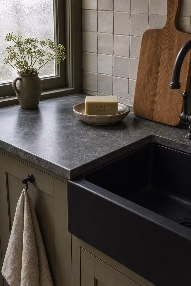 Soapstone countertop beside a matte black fireclay sink in a cottage kitchen with cool overcast light