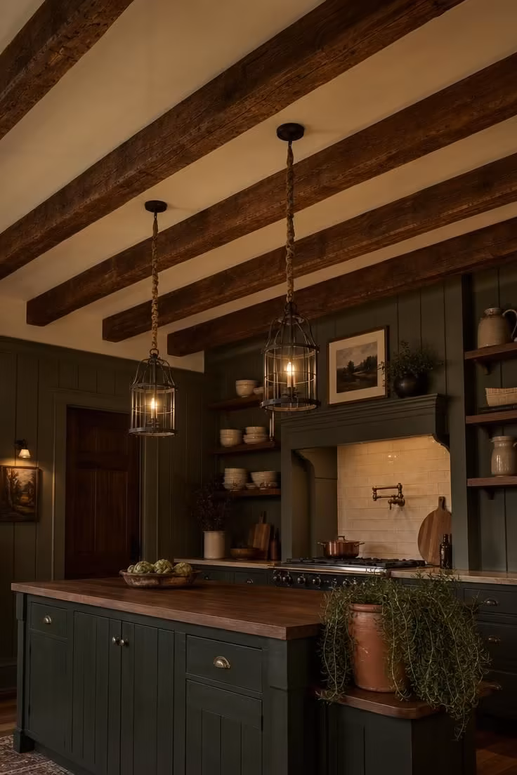 Exposed chestnut ceiling beams with iron-forged pendant lights in a moody cottage kitchen