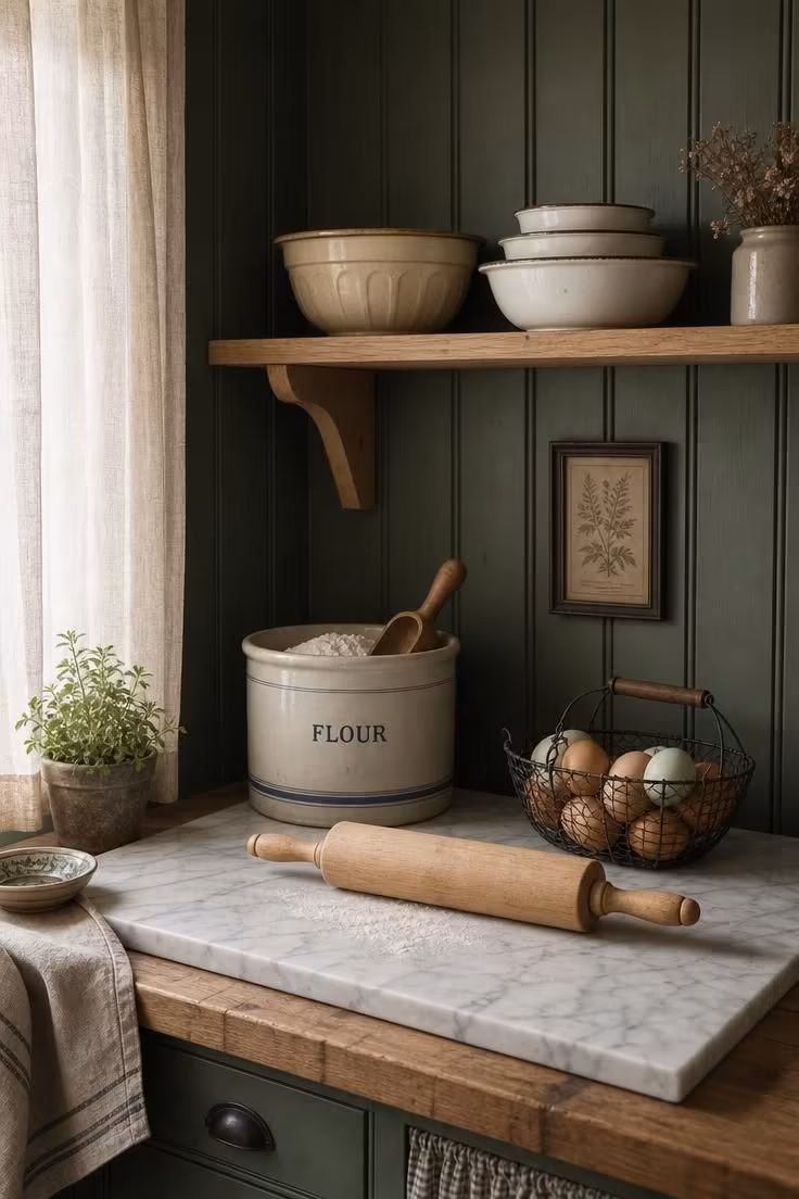 Dark green beadboard walls framing a marble pastry slab in a cottage kitchen baking corner