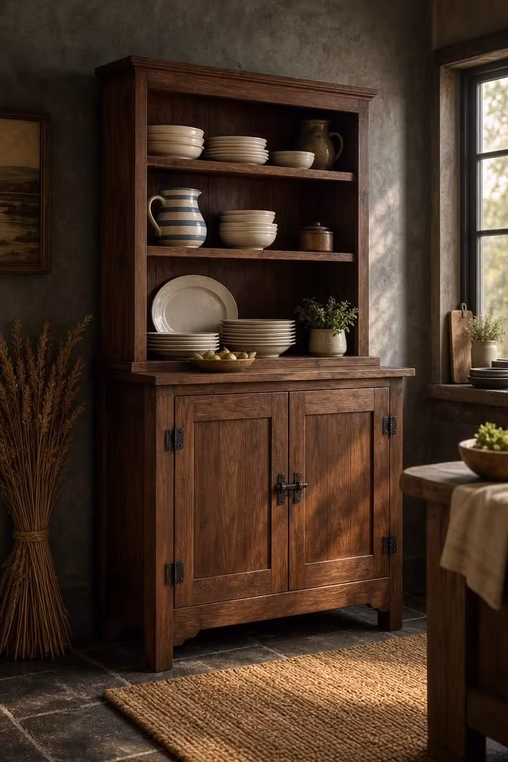 Freestanding walnut hutch with iron latch hardware in a dark cottage kitchen with warm golden light
