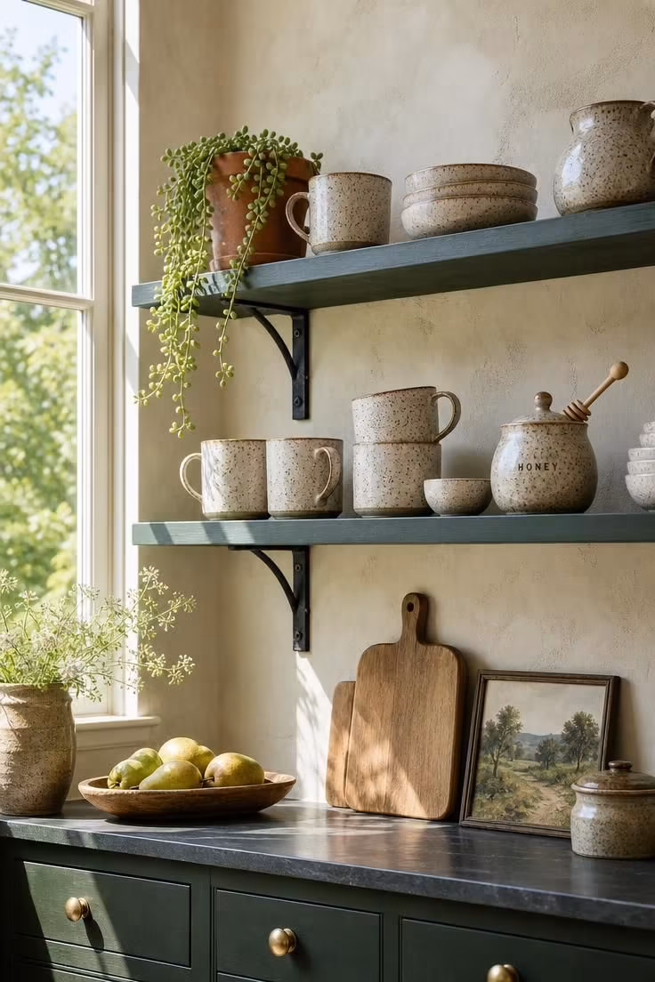 Forest green open shelves holding speckled stoneware in a cottage kitchen with bright midday light