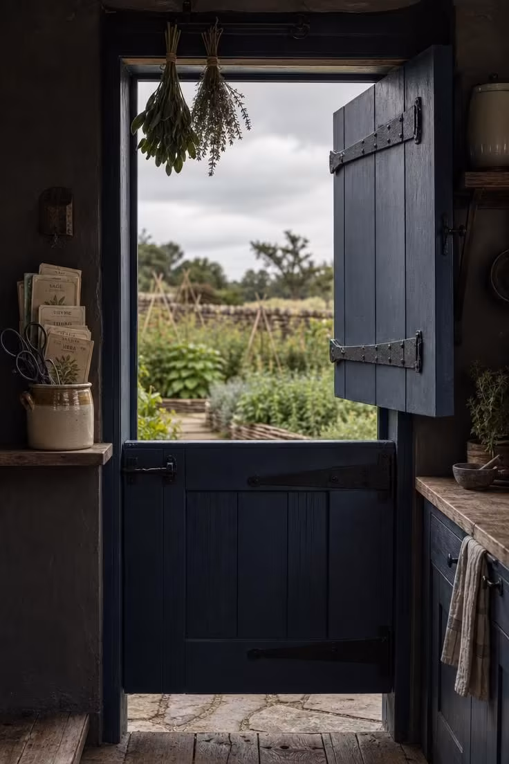 Navy-painted Dutch door opening to a herb garden from a dark cottage kitchen with cool overcast light