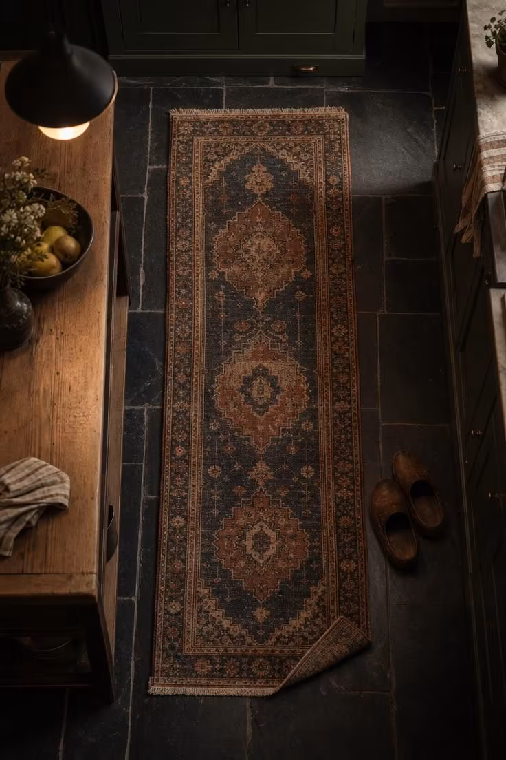 Honed black slate flooring with a faded Turkish runner in a moody cottage kitchen from overhead