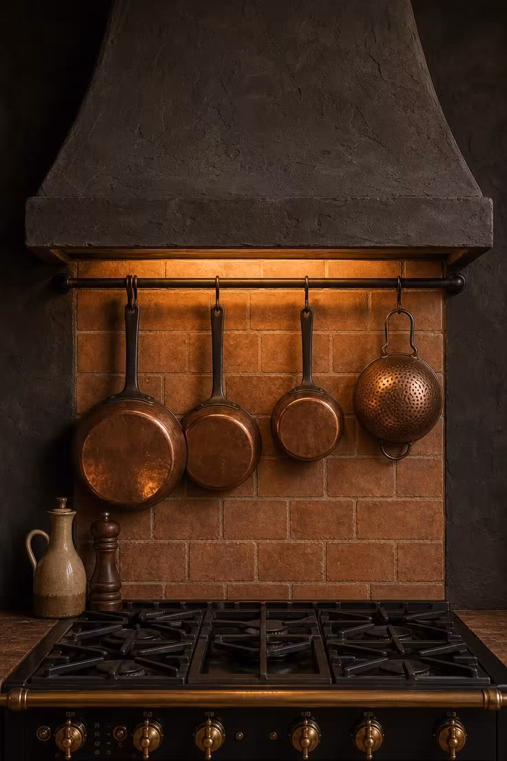 Iron pot rail mounted below a dark plaster range hood in a cottage kitchen with warm golden light