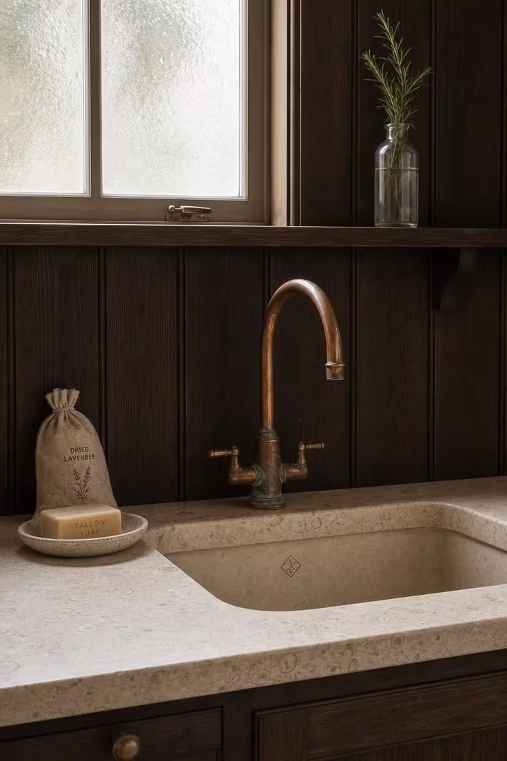 Deep espresso tongue-and-groove paneling behind a copper tap in a cottage kitchen with soft diffused light