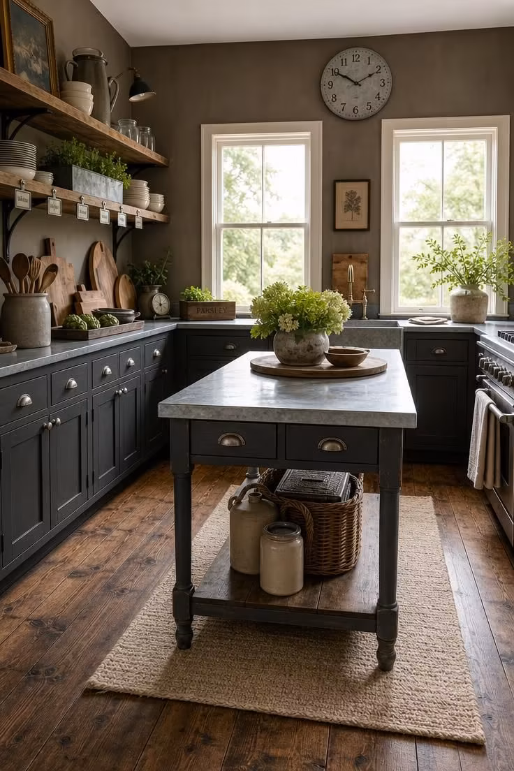 Dark cottage kitchen with aged zinc accents including bin pulls and a zinc-topped prep table in bright midday light