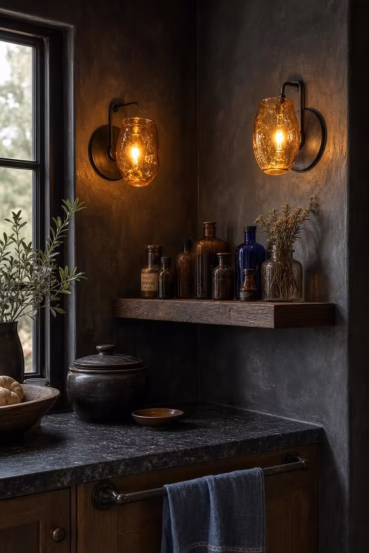 Dark cottage kitchen corner with hand-blown amber glass sconces on charcoal lime-wash plaster walls