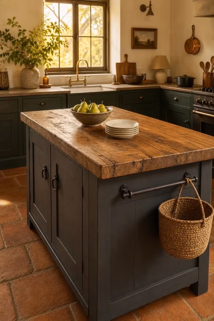 Reclaimed elm island with wrought-iron towel bars in a dark cottage kitchen with warm golden afternoon light