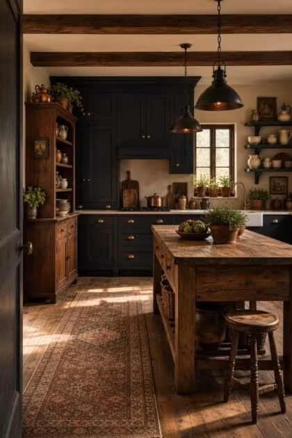Complete dark cottage kitchen with charcoal cabinets, walnut hutch, reclaimed elm island, and forest green shelves in warm golden afternoon light