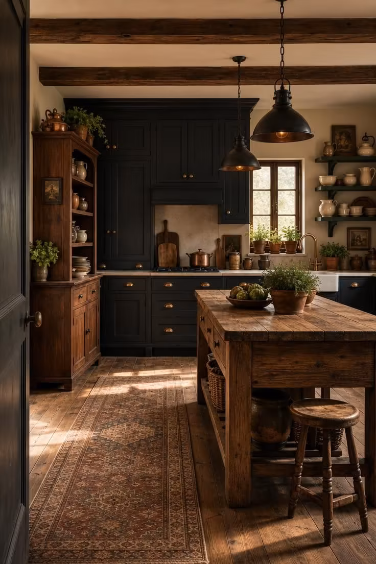 Simple Spaces 16 Complete dark cottage kitchen with charcoal cabinets, walnut hutch, reclaimed elm island, and forest green shelves in warm golden afternoon light
