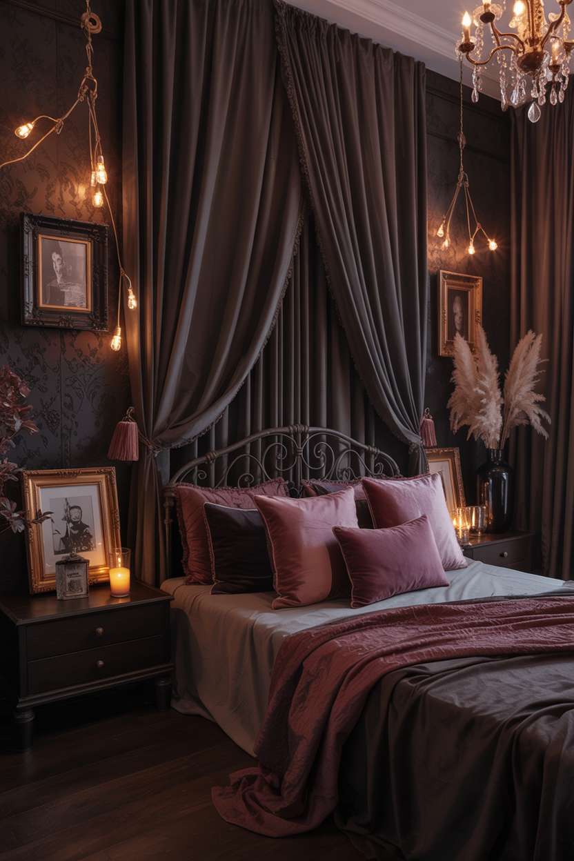 19 Dark Feminine Bedroom Ideas with Sultry Modern Charm 1 Dark feminine bedroom with burgundy velvet textures and an ornate black iron canopy bed