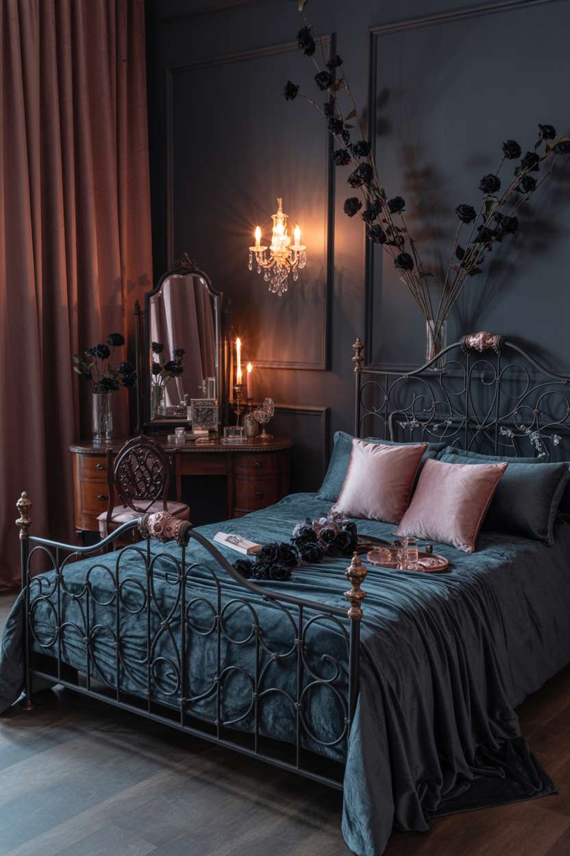 Moody feminine bedroom featuring charcoal walls and rich burgundy velvet curtains