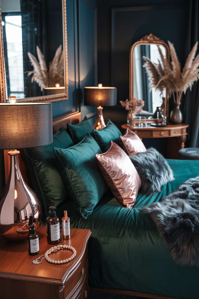 Luxurious dark feminine bedroom with midnight navy walls and emerald green velvet bedding