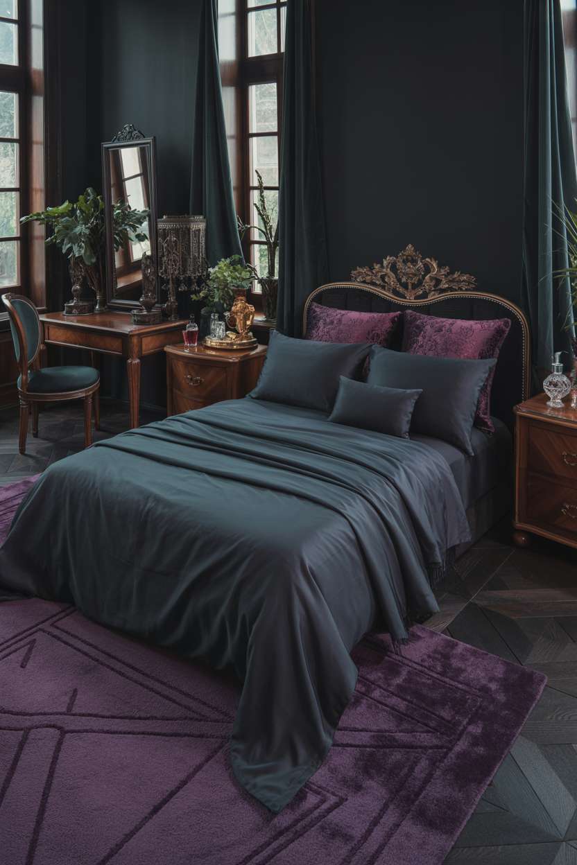 Elegant dark bedroom with charcoal walls and antique brass headboard featuring floral metalwork