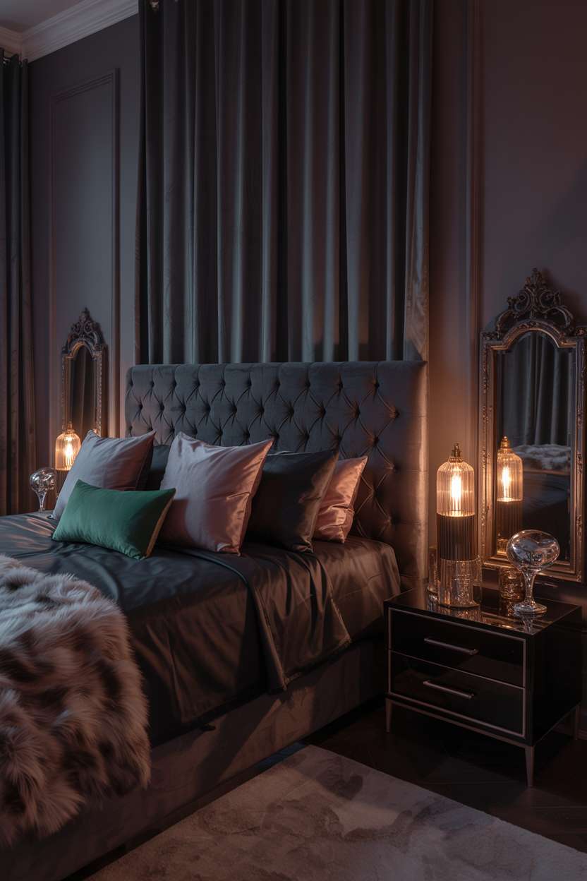 Dark feminine bedroom with tufted midnight navy velvet headboard and jewel-tone pillows